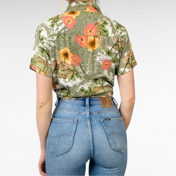 VINTAGE | White Stag Sage Moss Green Tropical Palm Hibiscus Print Hawaiian Shirt - Picture 4 of 8